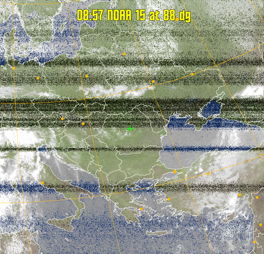 MCIR-precip: 
Colours the NOAA sensor 4 IR image using a map to colour the sea blue and land
green. High clouds appear white, lower clouds gray or land/sea coloured, clouds
generally appear lighter, but distinguishing between land/sea and low cloud may
be difficult. Darker colours indicate warmer regions.