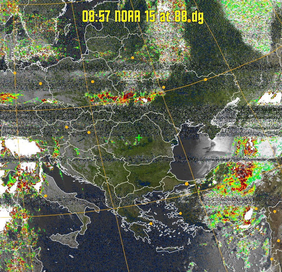 MSA-precip:
Same as MSA multispectral analysis, but high cold cloud tops are coloured the
same as the NO enhancement to give an approximate indication of the probability
and intensity of precipitation.