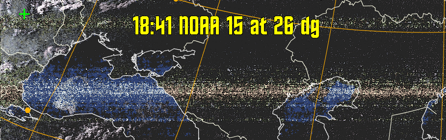 HVCT:
Similar to HVC, but with blue water and with colours more indicative of
land temperatures.
HVC:
Creates a false colour image from NOAA APT images based on temperature using
the HVC colour model. Uses the temperature derived from the sensor 4 image to
select the hue and the brightness from the histogram equalised other image to
select the value and chroma. The HVC colour model attempts to ensure that different colours at the same value will appear to the eye to be the same brightness
and the spacing between colours representing each degree will appear to the eye to
be similar. Bright areas are completely unsaturated in this model.