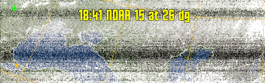 MCIR-precip: 
Colours the NOAA sensor 4 IR image using a map to colour the sea blue and land
green. High clouds appear white, lower clouds gray or land/sea coloured, clouds
generally appear lighter, but distinguishing between land/sea and low cloud may
be difficult. Darker colours indicate warmer regions.