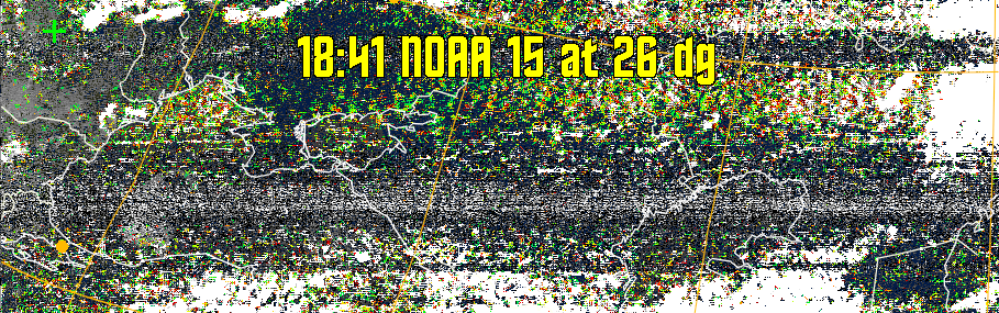 MSA-precip:
Same as MSA multispectral analysis, but high cold cloud tops are coloured the
same as the NO enhancement to give an approximate indication of the probability
and intensity of precipitation.
