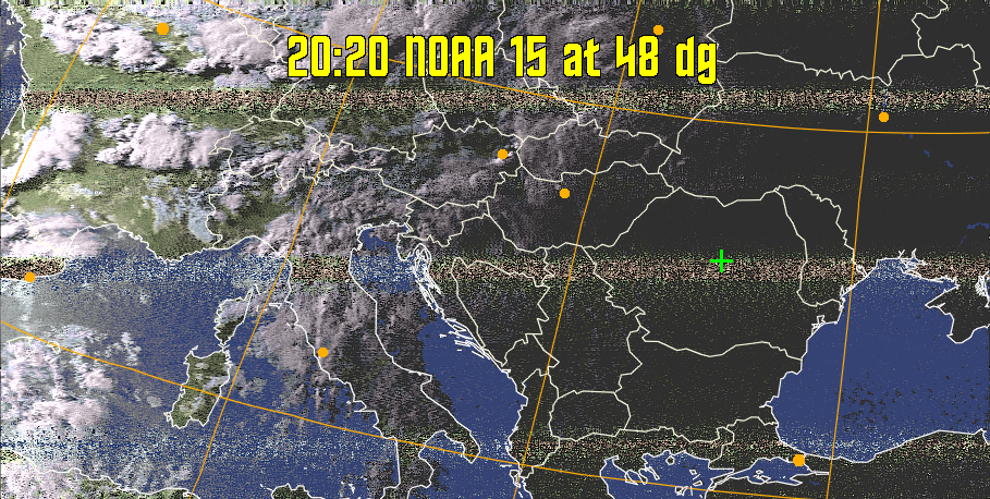 HVCT:
Similar to HVC, but with blue water and with colours more indicative of
land temperatures.
HVC:
Creates a false colour image from NOAA APT images based on temperature using
the HVC colour model. Uses the temperature derived from the sensor 4 image to
select the hue and the brightness from the histogram equalised other image to
select the value and chroma. The HVC colour model attempts to ensure that different colours at the same value will appear to the eye to be the same brightness
and the spacing between colours representing each degree will appear to the eye to
be similar. Bright areas are completely unsaturated in this model.