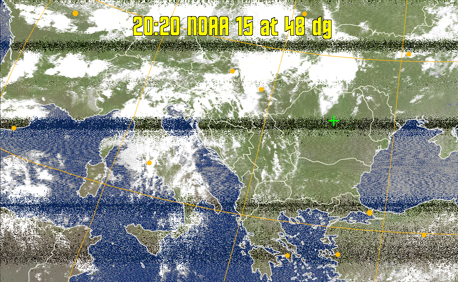 MCIR-precip: 
Colours the NOAA sensor 4 IR image using a map to colour the sea blue and land
green. High clouds appear white, lower clouds gray or land/sea coloured, clouds
generally appear lighter, but distinguishing between land/sea and low cloud may
be difficult. Darker colours indicate warmer regions.