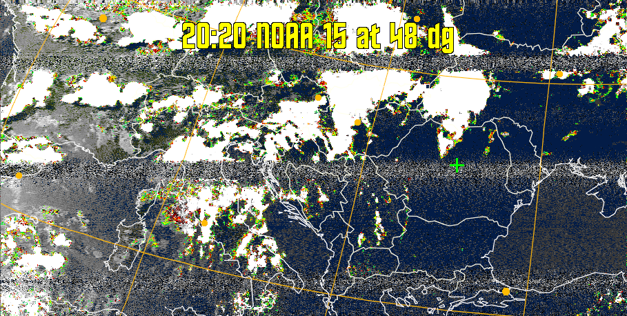 MSA-precip:
Same as MSA multispectral analysis, but high cold cloud tops are coloured the
same as the NO enhancement to give an approximate indication of the probability
and intensity of precipitation.