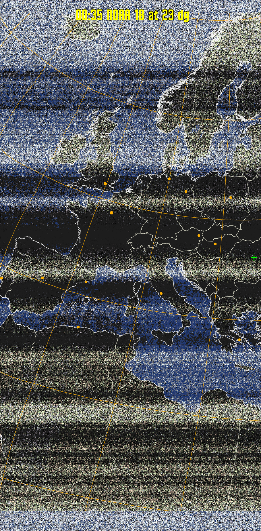 HVCT:
Similar to HVC, but with blue water and with colours more indicative of
land temperatures.
HVC:
Creates a false colour image from NOAA APT images based on temperature using
the HVC colour model. Uses the temperature derived from the sensor 4 image to
select the hue and the brightness from the histogram equalised other image to
select the value and chroma. The HVC colour model attempts to ensure that different colours at the same value will appear to the eye to be the same brightness
and the spacing between colours representing each degree will appear to the eye to
be similar. Bright areas are completely unsaturated in this model.