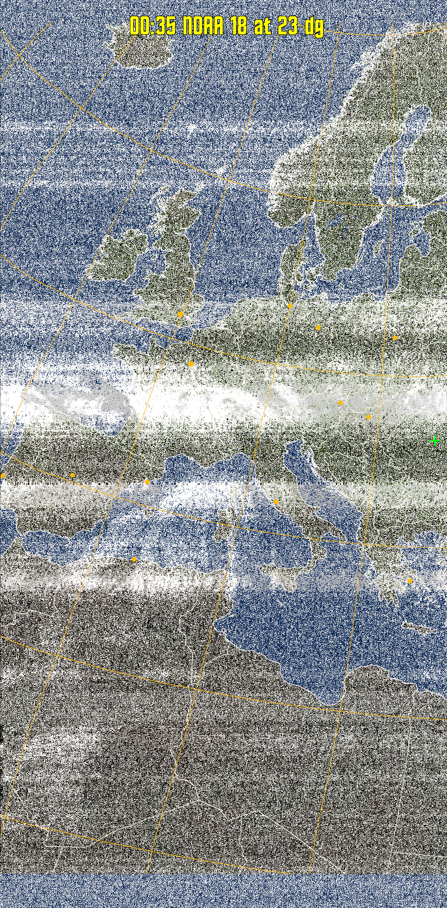 MCIR-precip: 
Colours the NOAA sensor 4 IR image using a map to colour the sea blue and land
green. High clouds appear white, lower clouds gray or land/sea coloured, clouds
generally appear lighter, but distinguishing between land/sea and low cloud may
be difficult. Darker colours indicate warmer regions.