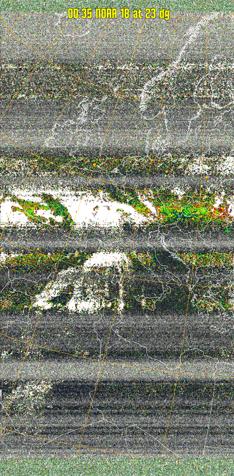 MSA-precip:
Same as MSA multispectral analysis, but high cold cloud tops are coloured the
same as the NO enhancement to give an approximate indication of the probability
and intensity of precipitation.