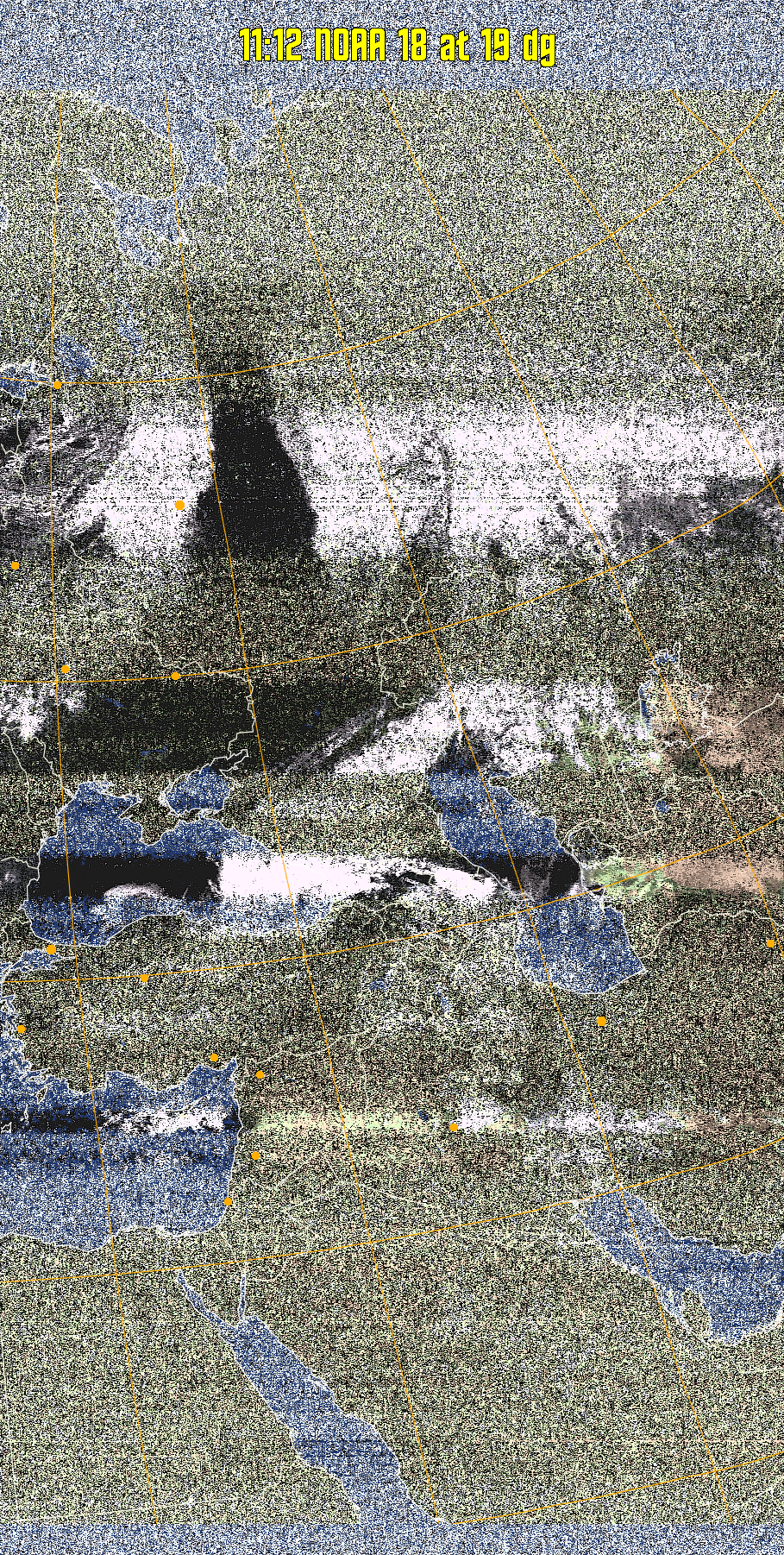 HVCT:
Similar to HVC, but with blue water and with colours more indicative of
land temperatures.
HVC:
Creates a false colour image from NOAA APT images based on temperature using
the HVC colour model. Uses the temperature derived from the sensor 4 image to
select the hue and the brightness from the histogram equalised other image to
select the value and chroma. The HVC colour model attempts to ensure that different colours at the same value will appear to the eye to be the same brightness
and the spacing between colours representing each degree will appear to the eye to
be similar. Bright areas are completely unsaturated in this model.