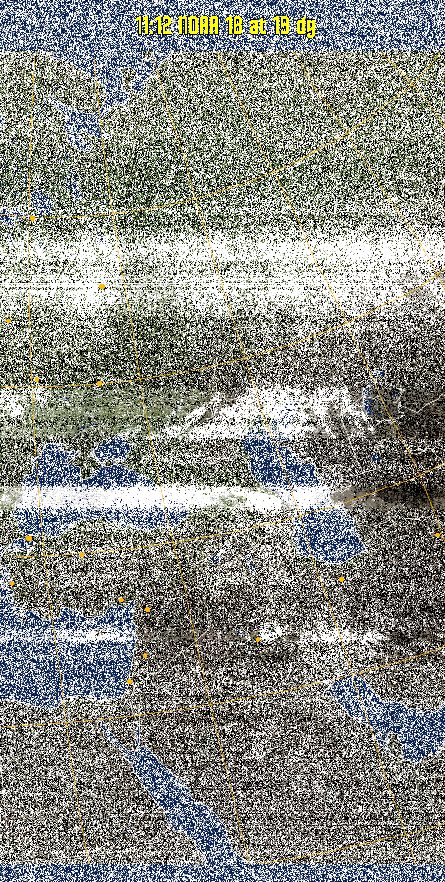 MCIR-precip: 
Colours the NOAA sensor 4 IR image using a map to colour the sea blue and land
green. High clouds appear white, lower clouds gray or land/sea coloured, clouds
generally appear lighter, but distinguishing between land/sea and low cloud may
be difficult. Darker colours indicate warmer regions.