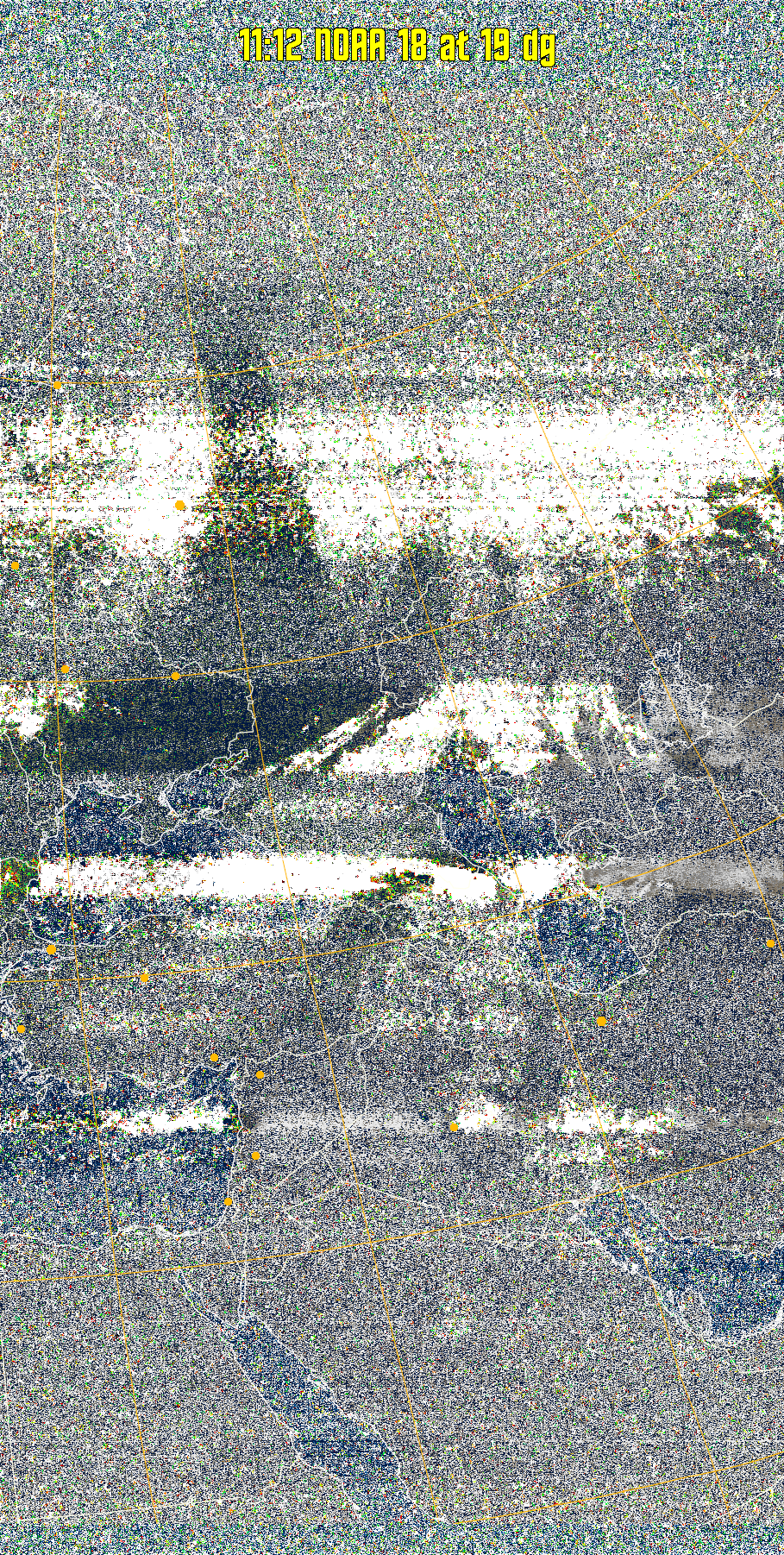 MSA-precip:
Same as MSA multispectral analysis, but high cold cloud tops are coloured the
same as the NO enhancement to give an approximate indication of the probability
and intensity of precipitation.
