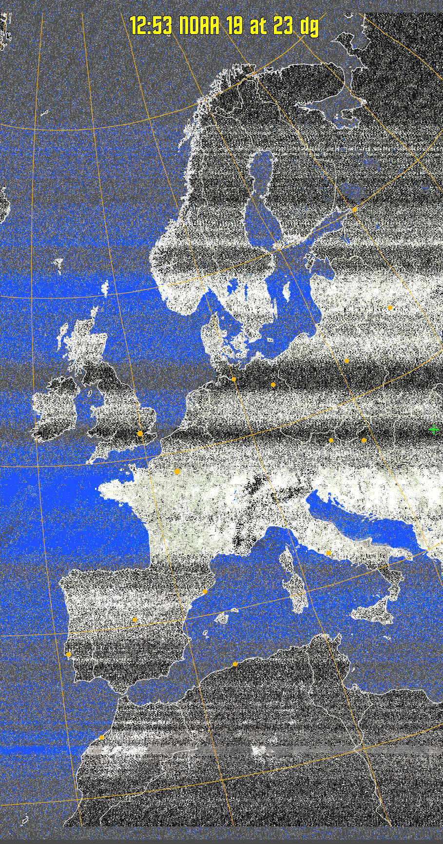 MCIR-precip: 
Colours the NOAA sensor 4 IR image using a map to colour the sea blue and land
green. High clouds appear white, lower clouds gray or land/sea coloured, clouds
generally appear lighter, but distinguishing between land/sea and low cloud may
be difficult. Darker colours indicate warmer regions.