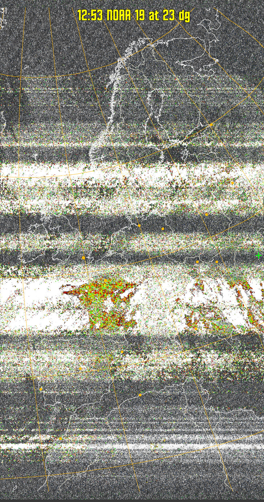 MSA-precip:
Same as MSA multispectral analysis, but high cold cloud tops are coloured the
same as the NO enhancement to give an approximate indication of the probability
and intensity of precipitation.
