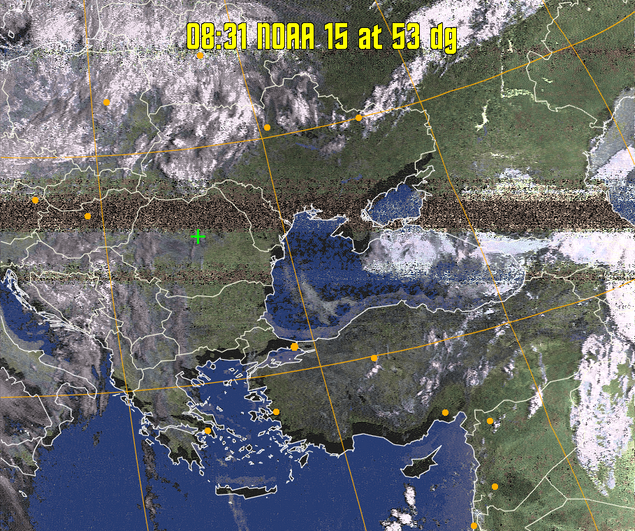 HVCT:
Similar to HVC, but with blue water and with colours more indicative of
land temperatures.
HVC:
Creates a false colour image from NOAA APT images based on temperature using
the HVC colour model. Uses the temperature derived from the sensor 4 image to
select the hue and the brightness from the histogram equalised other image to
select the value and chroma. The HVC colour model attempts to ensure that different colours at the same value will appear to the eye to be the same brightness
and the spacing between colours representing each degree will appear to the eye to
be similar. Bright areas are completely unsaturated in this model.