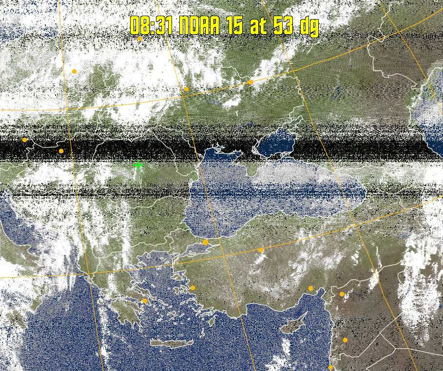 MCIR-precip: 
Colours the NOAA sensor 4 IR image using a map to colour the sea blue and land
green. High clouds appear white, lower clouds gray or land/sea coloured, clouds
generally appear lighter, but distinguishing between land/sea and low cloud may
be difficult. Darker colours indicate warmer regions.