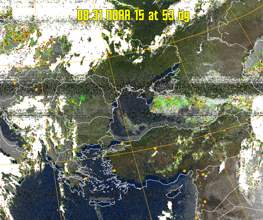MSA-precip:
Same as MSA multispectral analysis, but high cold cloud tops are coloured the
same as the NO enhancement to give an approximate indication of the probability
and intensity of precipitation.