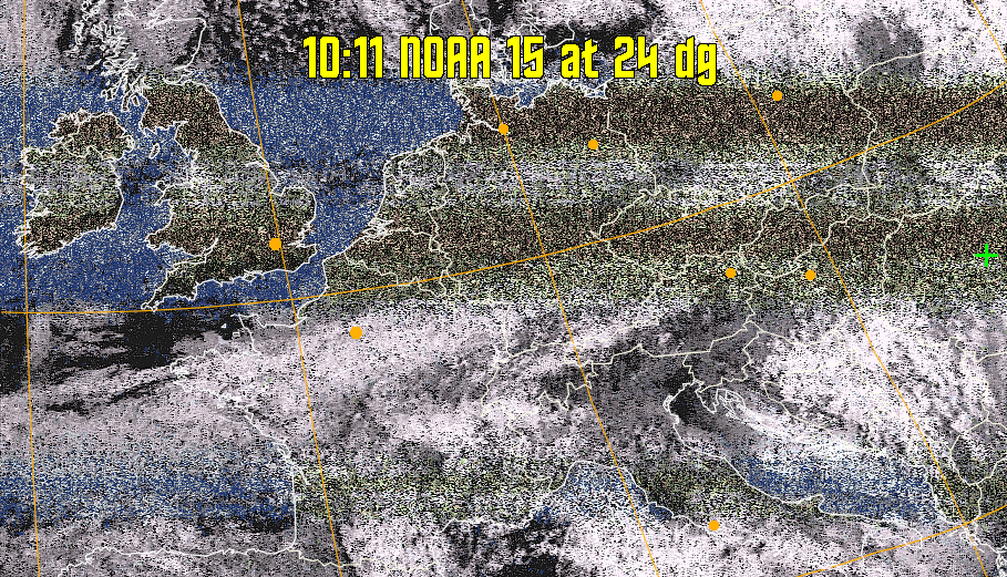 HVCT:
Similar to HVC, but with blue water and with colours more indicative of
land temperatures.
HVC:
Creates a false colour image from NOAA APT images based on temperature using
the HVC colour model. Uses the temperature derived from the sensor 4 image to
select the hue and the brightness from the histogram equalised other image to
select the value and chroma. The HVC colour model attempts to ensure that different colours at the same value will appear to the eye to be the same brightness
and the spacing between colours representing each degree will appear to the eye to
be similar. Bright areas are completely unsaturated in this model.