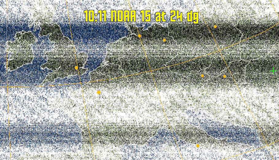 MCIR-precip: 
Colours the NOAA sensor 4 IR image using a map to colour the sea blue and land
green. High clouds appear white, lower clouds gray or land/sea coloured, clouds
generally appear lighter, but distinguishing between land/sea and low cloud may
be difficult. Darker colours indicate warmer regions.