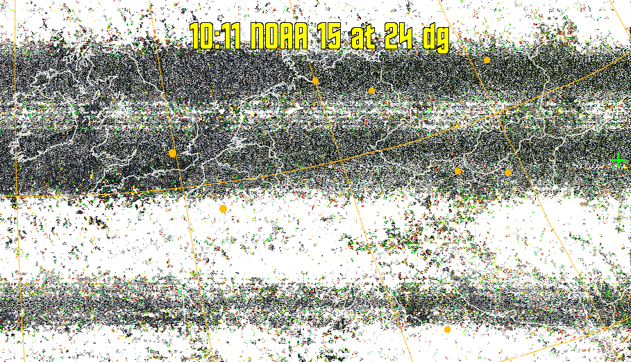MSA-precip:
Same as MSA multispectral analysis, but high cold cloud tops are coloured the
same as the NO enhancement to give an approximate indication of the probability
and intensity of precipitation.