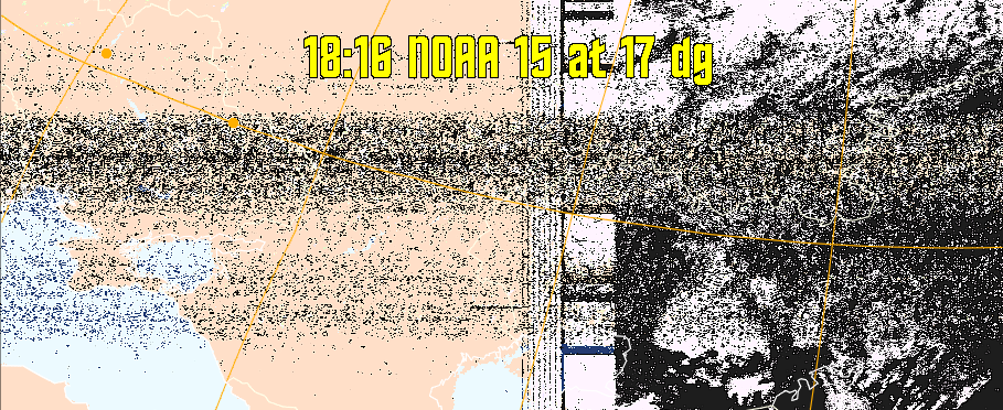HVCT:
Similar to HVC, but with blue water and with colours more indicative of
land temperatures.
HVC:
Creates a false colour image from NOAA APT images based on temperature using
the HVC colour model. Uses the temperature derived from the sensor 4 image to
select the hue and the brightness from the histogram equalised other image to
select the value and chroma. The HVC colour model attempts to ensure that different colours at the same value will appear to the eye to be the same brightness
and the spacing between colours representing each degree will appear to the eye to
be similar. Bright areas are completely unsaturated in this model.