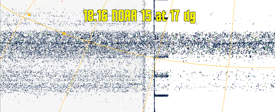 MSA-precip:
Same as MSA multispectral analysis, but high cold cloud tops are coloured the
same as the NO enhancement to give an approximate indication of the probability
and intensity of precipitation.