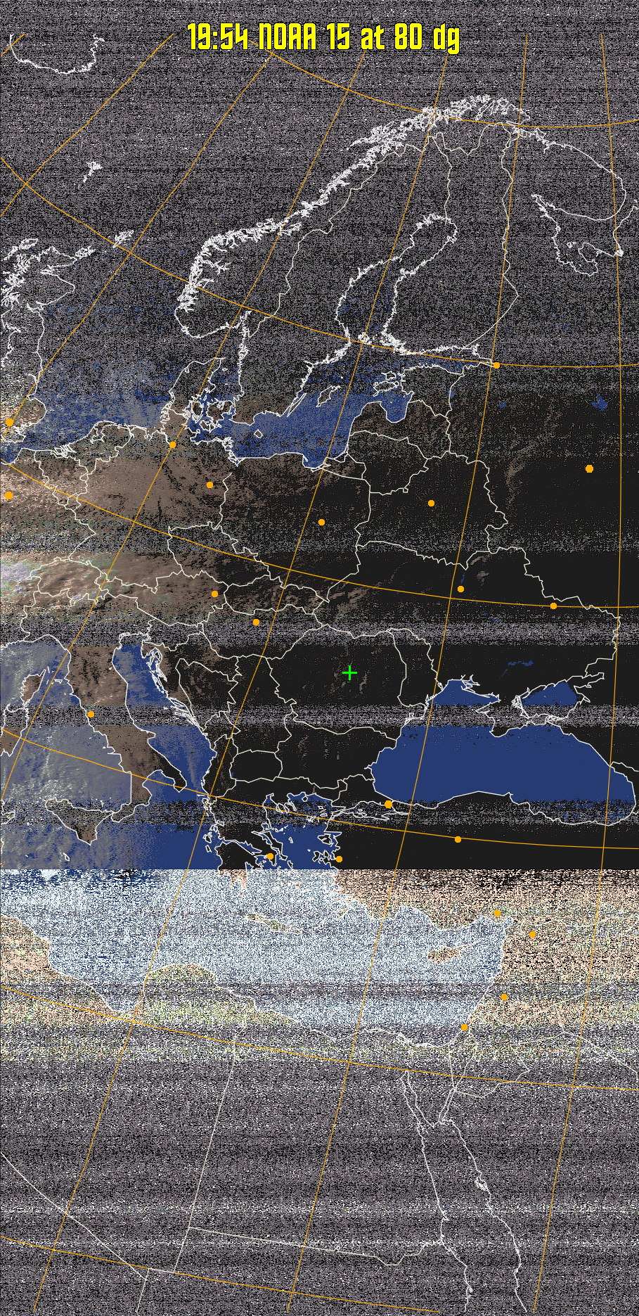 HVCT:
Similar to HVC, but with blue water and with colours more indicative of
land temperatures.
HVC:
Creates a false colour image from NOAA APT images based on temperature using
the HVC colour model. Uses the temperature derived from the sensor 4 image to
select the hue and the brightness from the histogram equalised other image to
select the value and chroma. The HVC colour model attempts to ensure that different colours at the same value will appear to the eye to be the same brightness
and the spacing between colours representing each degree will appear to the eye to
be similar. Bright areas are completely unsaturated in this model.
