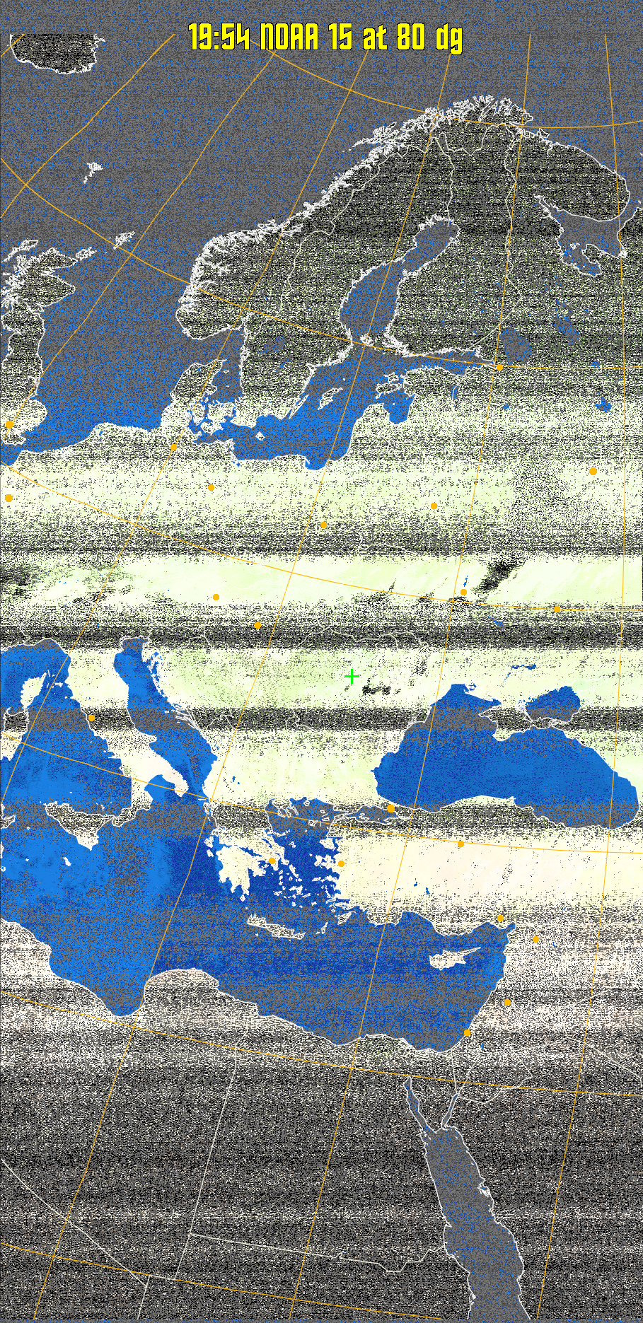 MCIR-precip: 
Colours the NOAA sensor 4 IR image using a map to colour the sea blue and land
green. High clouds appear white, lower clouds gray or land/sea coloured, clouds
generally appear lighter, but distinguishing between land/sea and low cloud may
be difficult. Darker colours indicate warmer regions.