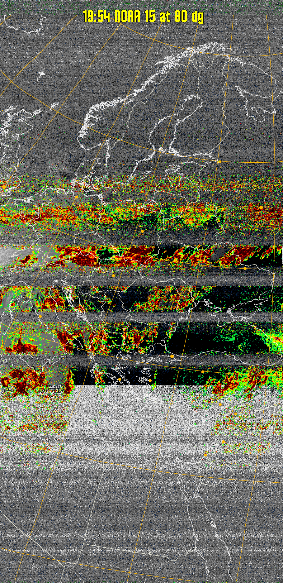 MSA-precip:
Same as MSA multispectral analysis, but high cold cloud tops are coloured the
same as the NO enhancement to give an approximate indication of the probability
and intensity of precipitation.