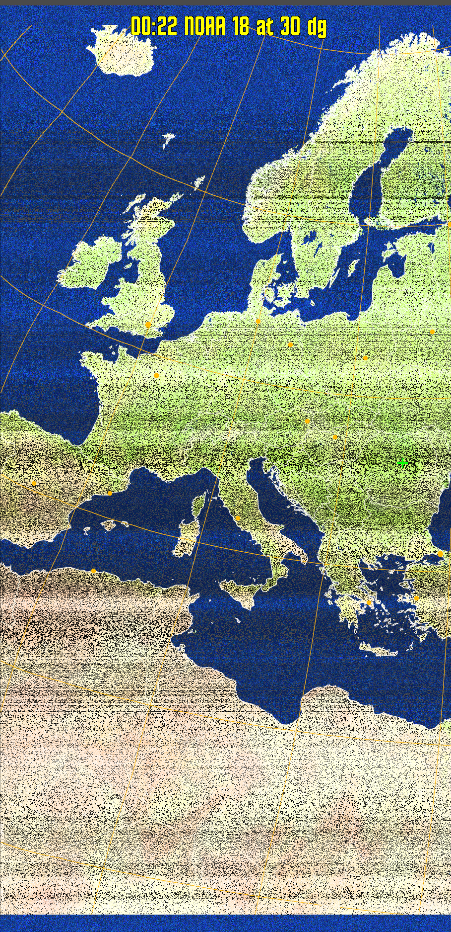 MCIR-precip: 
Colours the NOAA sensor 4 IR image using a map to colour the sea blue and land
green. High clouds appear white, lower clouds gray or land/sea coloured, clouds
generally appear lighter, but distinguishing between land/sea and low cloud may
be difficult. Darker colours indicate warmer regions.