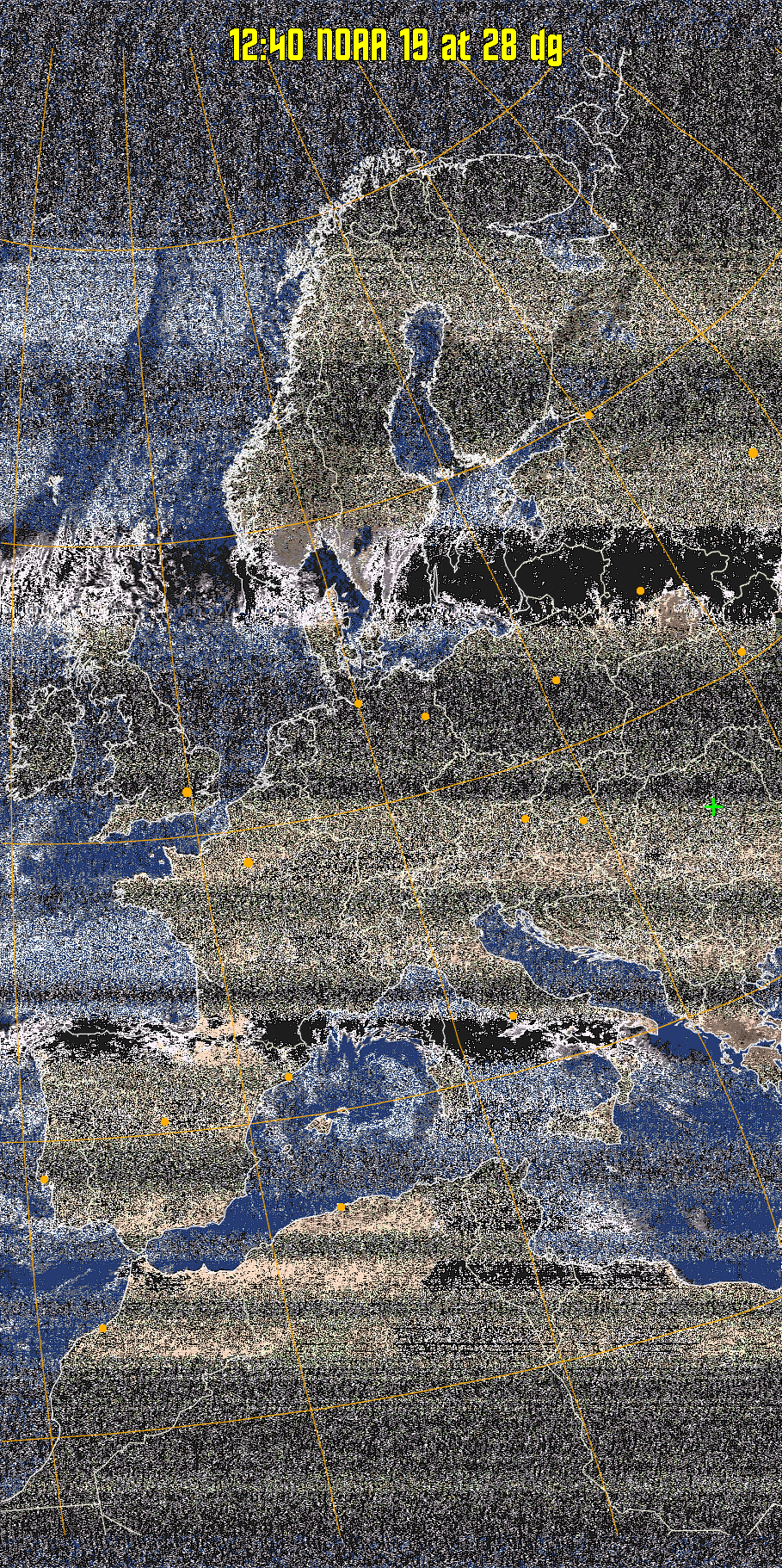 HVCT:
Similar to HVC, but with blue water and with colours more indicative of
land temperatures.
HVC:
Creates a false colour image from NOAA APT images based on temperature using
the HVC colour model. Uses the temperature derived from the sensor 4 image to
select the hue and the brightness from the histogram equalised other image to
select the value and chroma. The HVC colour model attempts to ensure that different colours at the same value will appear to the eye to be the same brightness
and the spacing between colours representing each degree will appear to the eye to
be similar. Bright areas are completely unsaturated in this model.