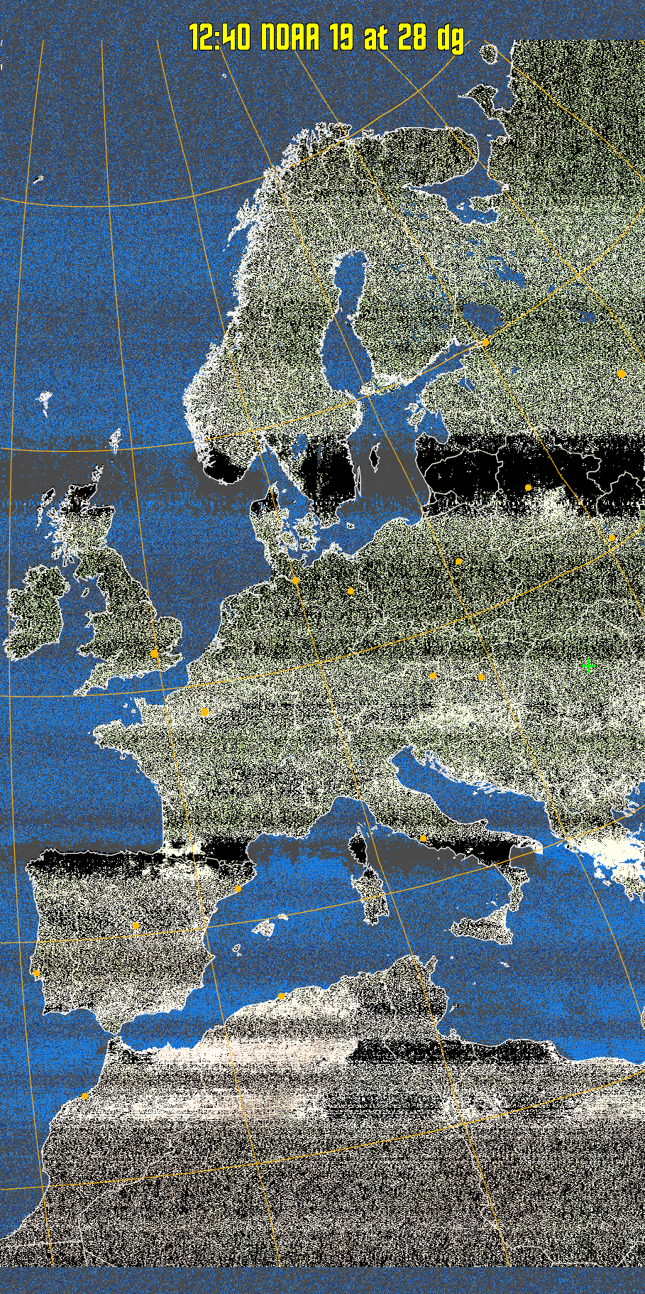 MCIR-precip: 
Colours the NOAA sensor 4 IR image using a map to colour the sea blue and land
green. High clouds appear white, lower clouds gray or land/sea coloured, clouds
generally appear lighter, but distinguishing between land/sea and low cloud may
be difficult. Darker colours indicate warmer regions.