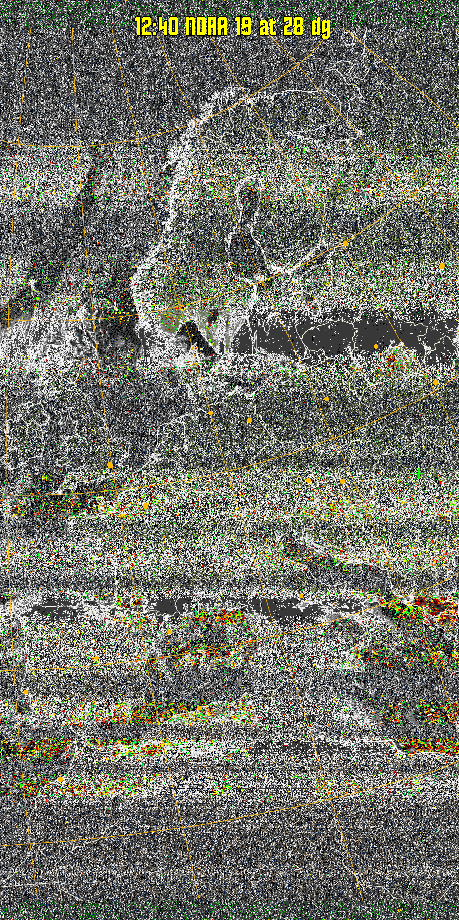 MSA-precip:
Same as MSA multispectral analysis, but high cold cloud tops are coloured the
same as the NO enhancement to give an approximate indication of the probability
and intensity of precipitation.