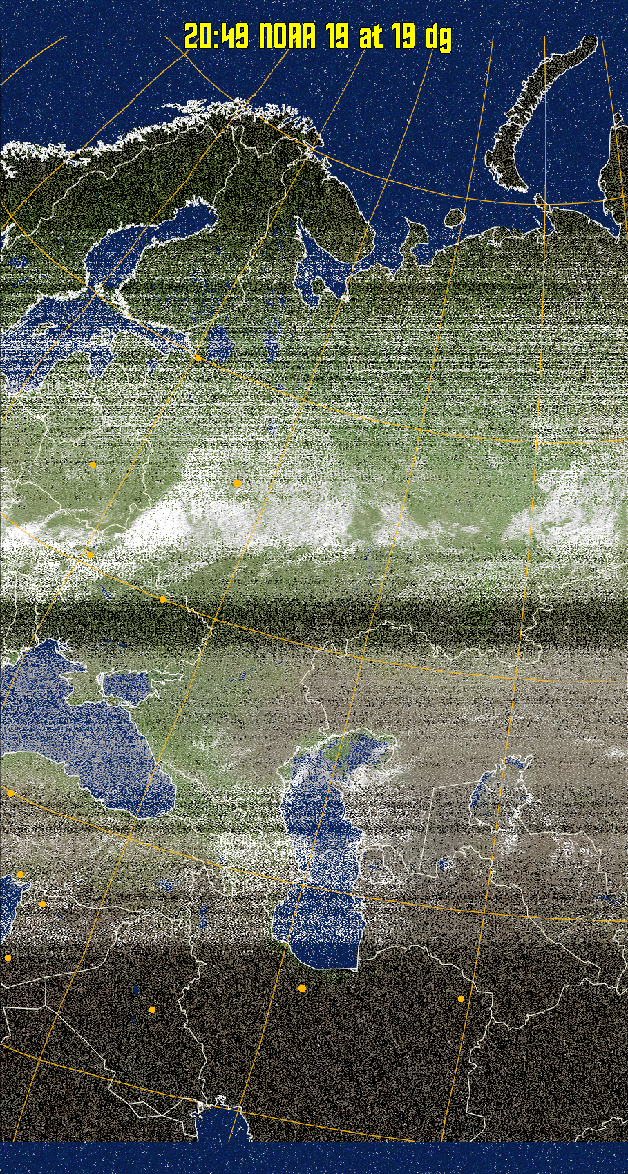 MCIR-precip: 
Colours the NOAA sensor 4 IR image using a map to colour the sea blue and land
green. High clouds appear white, lower clouds gray or land/sea coloured, clouds
generally appear lighter, but distinguishing between land/sea and low cloud may
be difficult. Darker colours indicate warmer regions.
