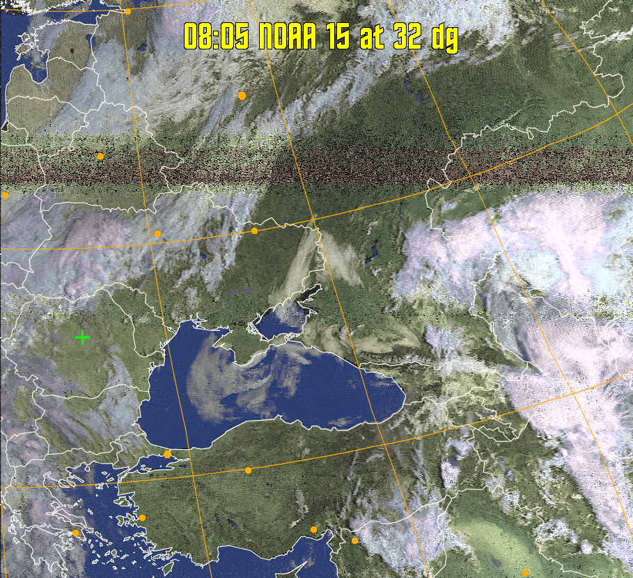 HVCT:
Similar to HVC, but with blue water and with colours more indicative of
land temperatures.
HVC:
Creates a false colour image from NOAA APT images based on temperature using
the HVC colour model. Uses the temperature derived from the sensor 4 image to
select the hue and the brightness from the histogram equalised other image to
select the value and chroma. The HVC colour model attempts to ensure that different colours at the same value will appear to the eye to be the same brightness
and the spacing between colours representing each degree will appear to the eye to
be similar. Bright areas are completely unsaturated in this model.