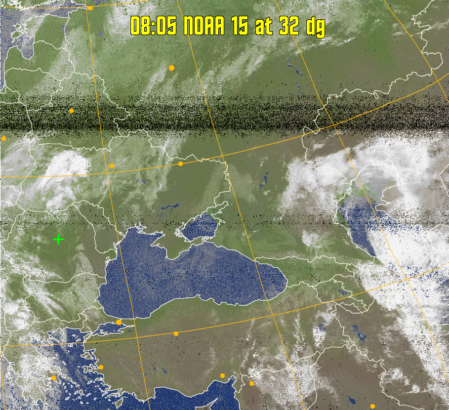 MCIR-precip: 
Colours the NOAA sensor 4 IR image using a map to colour the sea blue and land
green. High clouds appear white, lower clouds gray or land/sea coloured, clouds
generally appear lighter, but distinguishing between land/sea and low cloud may
be difficult. Darker colours indicate warmer regions.