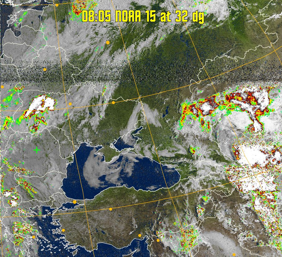 MSA-precip:
Same as MSA multispectral analysis, but high cold cloud tops are coloured the
same as the NO enhancement to give an approximate indication of the probability
and intensity of precipitation.