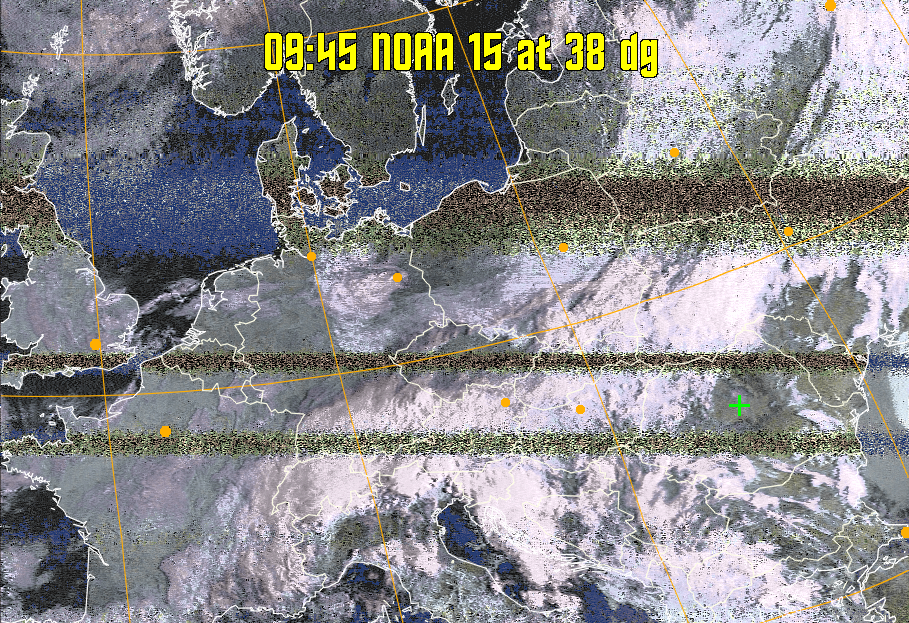 HVCT:
Similar to HVC, but with blue water and with colours more indicative of
land temperatures.
HVC:
Creates a false colour image from NOAA APT images based on temperature using
the HVC colour model. Uses the temperature derived from the sensor 4 image to
select the hue and the brightness from the histogram equalised other image to
select the value and chroma. The HVC colour model attempts to ensure that different colours at the same value will appear to the eye to be the same brightness
and the spacing between colours representing each degree will appear to the eye to
be similar. Bright areas are completely unsaturated in this model.