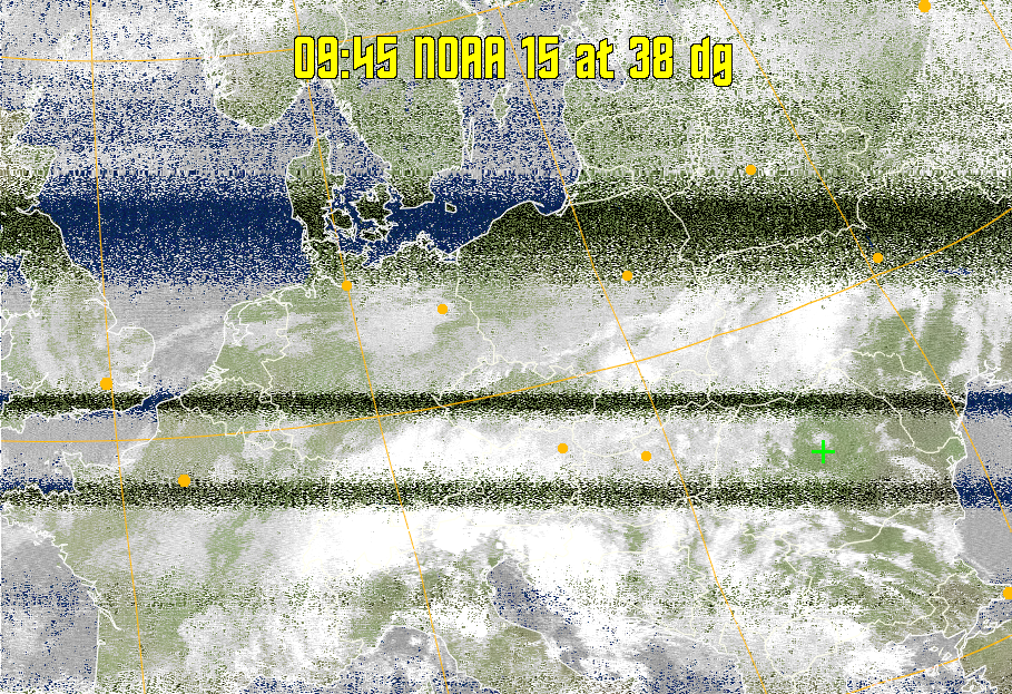 MCIR-precip: 
Colours the NOAA sensor 4 IR image using a map to colour the sea blue and land
green. High clouds appear white, lower clouds gray or land/sea coloured, clouds
generally appear lighter, but distinguishing between land/sea and low cloud may
be difficult. Darker colours indicate warmer regions.