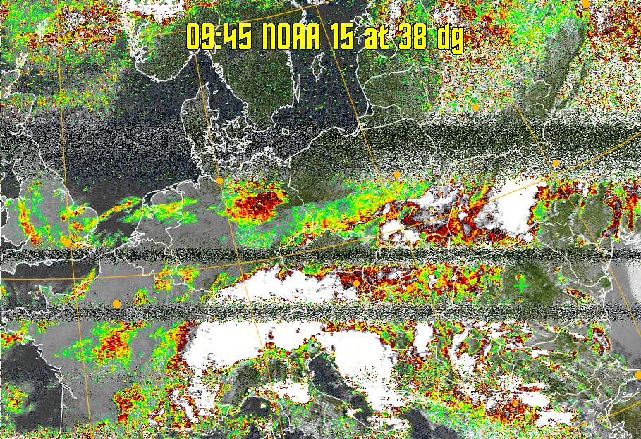 MSA-precip:
Same as MSA multispectral analysis, but high cold cloud tops are coloured the
same as the NO enhancement to give an approximate indication of the probability
and intensity of precipitation.