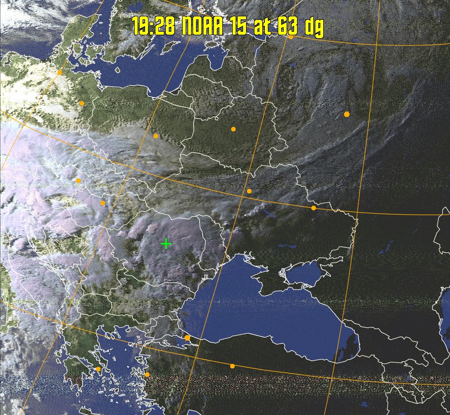 HVCT:
Similar to HVC, but with blue water and with colours more indicative of
land temperatures.
HVC:
Creates a false colour image from NOAA APT images based on temperature using
the HVC colour model. Uses the temperature derived from the sensor 4 image to
select the hue and the brightness from the histogram equalised other image to
select the value and chroma. The HVC colour model attempts to ensure that different colours at the same value will appear to the eye to be the same brightness
and the spacing between colours representing each degree will appear to the eye to
be similar. Bright areas are completely unsaturated in this model.