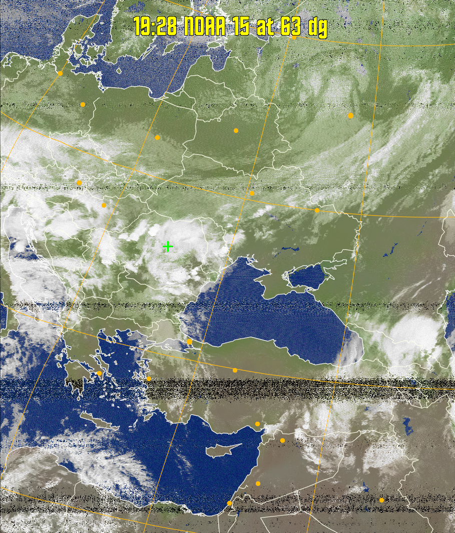 MCIR-precip: 
Colours the NOAA sensor 4 IR image using a map to colour the sea blue and land
green. High clouds appear white, lower clouds gray or land/sea coloured, clouds
generally appear lighter, but distinguishing between land/sea and low cloud may
be difficult. Darker colours indicate warmer regions.