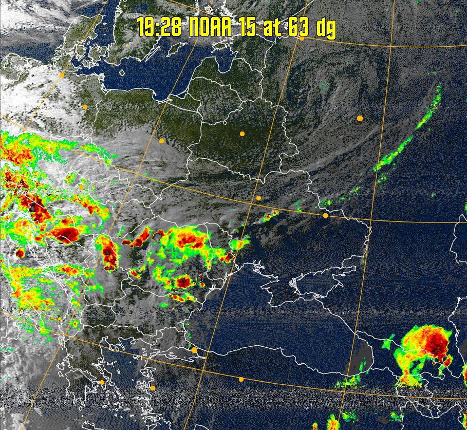 MSA-precip:
Same as MSA multispectral analysis, but high cold cloud tops are coloured the
same as the NO enhancement to give an approximate indication of the probability
and intensity of precipitation.