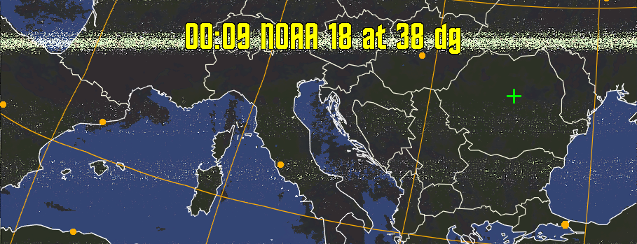 HVCT:
Similar to HVC, but with blue water and with colours more indicative of
land temperatures.
HVC:
Creates a false colour image from NOAA APT images based on temperature using
the HVC colour model. Uses the temperature derived from the sensor 4 image to
select the hue and the brightness from the histogram equalised other image to
select the value and chroma. The HVC colour model attempts to ensure that different colours at the same value will appear to the eye to be the same brightness
and the spacing between colours representing each degree will appear to the eye to
be similar. Bright areas are completely unsaturated in this model.