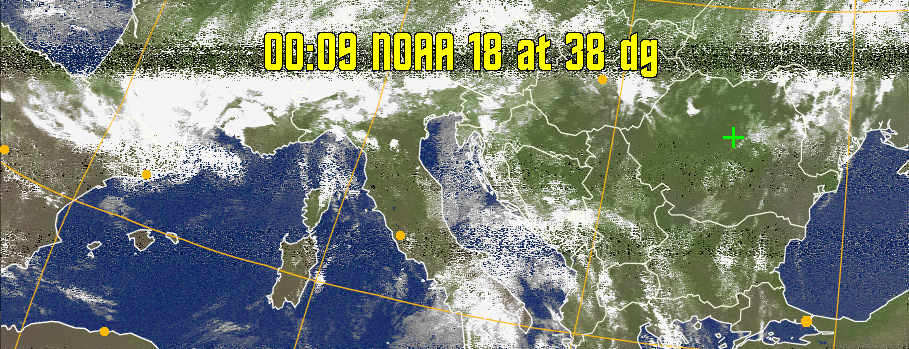 MCIR-precip: 
Colours the NOAA sensor 4 IR image using a map to colour the sea blue and land
green. High clouds appear white, lower clouds gray or land/sea coloured, clouds
generally appear lighter, but distinguishing between land/sea and low cloud may
be difficult. Darker colours indicate warmer regions.
