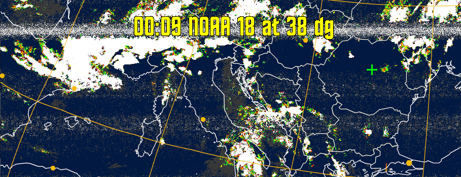 MSA-precip:
Same as MSA multispectral analysis, but high cold cloud tops are coloured the
same as the NO enhancement to give an approximate indication of the probability
and intensity of precipitation.