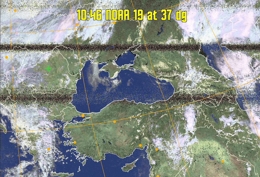 HVCT:
Similar to HVC, but with blue water and with colours more indicative of
land temperatures.
HVC:
Creates a false colour image from NOAA APT images based on temperature using
the HVC colour model. Uses the temperature derived from the sensor 4 image to
select the hue and the brightness from the histogram equalised other image to
select the value and chroma. The HVC colour model attempts to ensure that different colours at the same value will appear to the eye to be the same brightness
and the spacing between colours representing each degree will appear to the eye to
be similar. Bright areas are completely unsaturated in this model.
