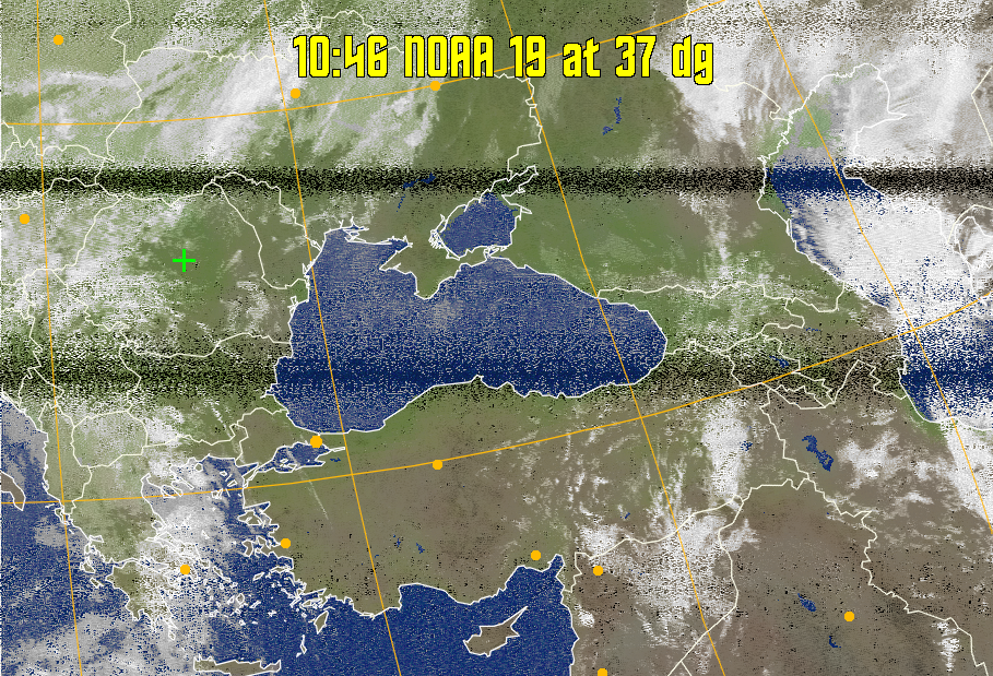 MCIR-precip: 
Colours the NOAA sensor 4 IR image using a map to colour the sea blue and land
green. High clouds appear white, lower clouds gray or land/sea coloured, clouds
generally appear lighter, but distinguishing between land/sea and low cloud may
be difficult. Darker colours indicate warmer regions.