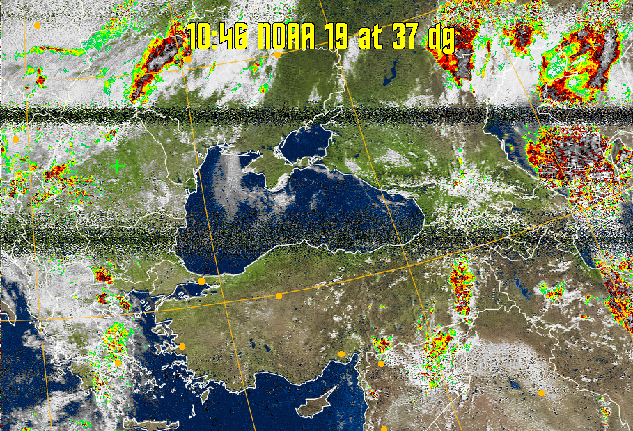 MSA-precip:
Same as MSA multispectral analysis, but high cold cloud tops are coloured the
same as the NO enhancement to give an approximate indication of the probability
and intensity of precipitation.