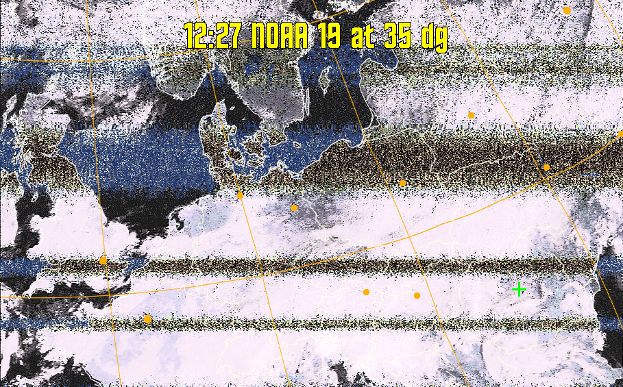 HVCT:
Similar to HVC, but with blue water and with colours more indicative of
land temperatures.
HVC:
Creates a false colour image from NOAA APT images based on temperature using
the HVC colour model. Uses the temperature derived from the sensor 4 image to
select the hue and the brightness from the histogram equalised other image to
select the value and chroma. The HVC colour model attempts to ensure that different colours at the same value will appear to the eye to be the same brightness
and the spacing between colours representing each degree will appear to the eye to
be similar. Bright areas are completely unsaturated in this model.