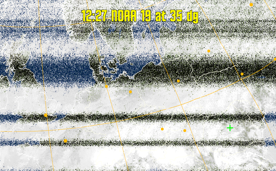 MCIR-precip: 
Colours the NOAA sensor 4 IR image using a map to colour the sea blue and land
green. High clouds appear white, lower clouds gray or land/sea coloured, clouds
generally appear lighter, but distinguishing between land/sea and low cloud may
be difficult. Darker colours indicate warmer regions.