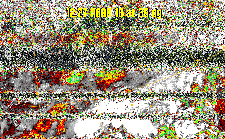 MSA-precip:
Same as MSA multispectral analysis, but high cold cloud tops are coloured the
same as the NO enhancement to give an approximate indication of the probability
and intensity of precipitation.